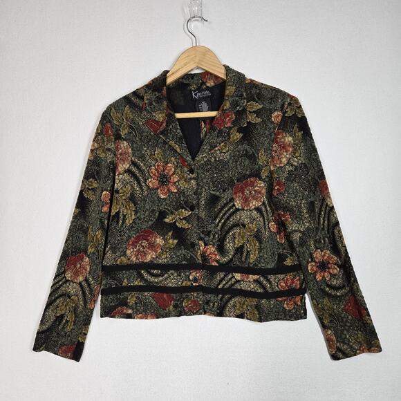 VTG K Petite Collection Jacket Sz 12P Green Multi Floral Button Front Open Back - Picture 14 of 14
